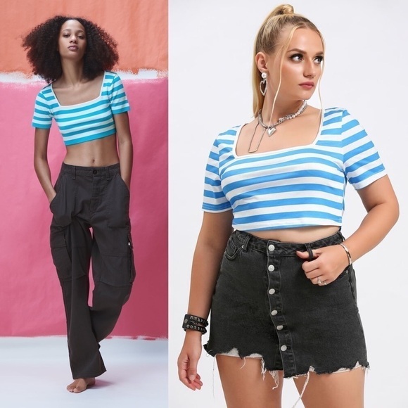 *NWT ZARA 90s Y2K Stripe Short Sleeve Square Neck Compact Knit Crop Top Sweater - Picture 1 of 10